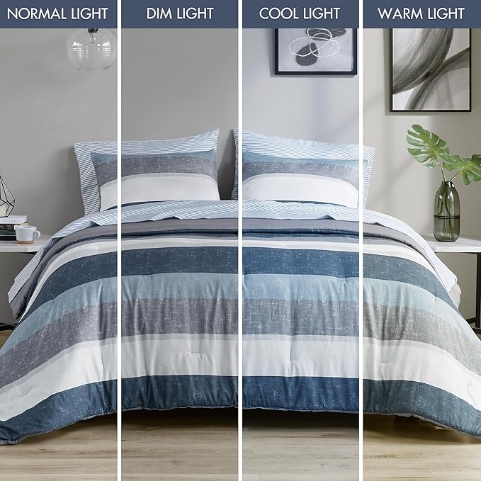 Madison Park Essentials Jaxon Bed in a Bag Comforter Set with Sheet, Printed Stripe Design, Modern All Season Bedding and Matching Sham, Queen Blue/Grey 7 Piece