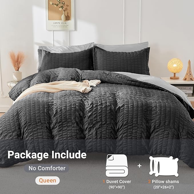 HYMOKEGE Dark Grey/Light Grey Duvet Cover Full Size, Ultra Soft 3-Piece Seersucker Duvet Cover Set with Zipper Closure, Soft Brushed Microfiber Bedding Set with 8 Corner Ties (80"x90", 2 Pillowshams)