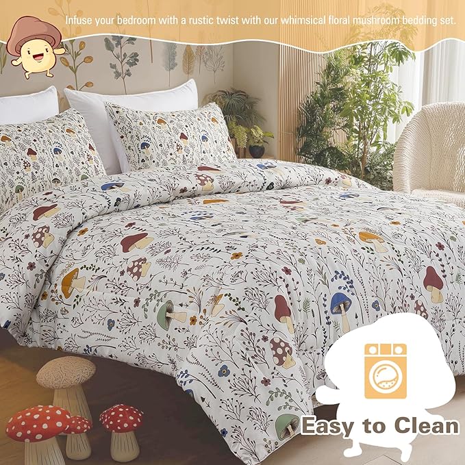 Mushroom Comforter Set 3 Piece, Colorful Mushrooms Decor California King Bedding with Plants and Flowers, Aesthetic Cute Mushroom Room Decor Comforter for Kids Adults Boys Girls, California King