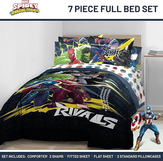 Jay Franco Kids Comforter Set Includes Sheets and Pillow Covers - Soft and Cozy Bed Set for Stylish Room Decor, Official Licensed Bedding, Multi - Marvel Rivals, 7 Piece Full