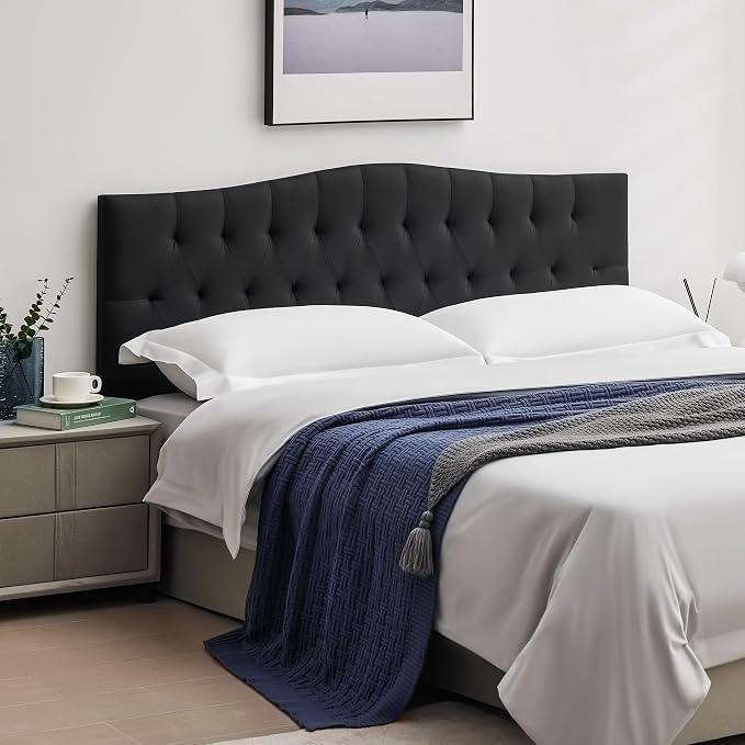 Tufted Upholstered King Size Headboard Only, Adjustable 38-50 in, Black | King Headboard for King Size Bed, Durable Linen Fabric Headboards, Modern Diamon Design Wood Head Board