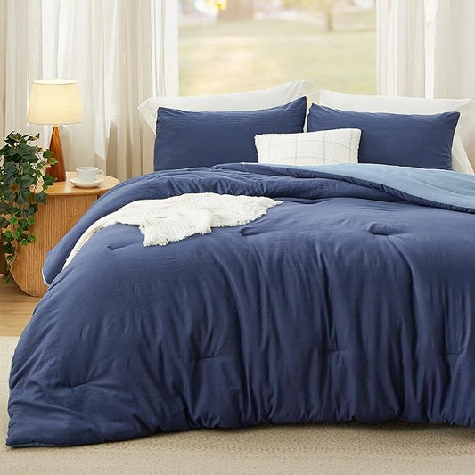 Bedsure Queen Comforter Set, Navy Blue Soft Prewashed Bedding for All Seasons, 3 Pieces GentleSoft™ Bed Set, 1 Lightweight Comforter (90"x90") and 2 Pillowcases (20"x26")