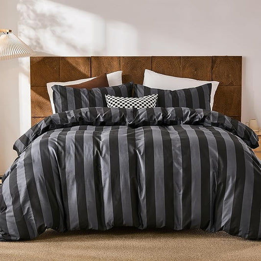 Merryword Black and Gray Striped Duvet Cover Set Queen Size - 100% Cotton Bedding Set with Zipper & Corner Ties, 3-Piece Luxury Linen Like Bedding Set for All Seasons