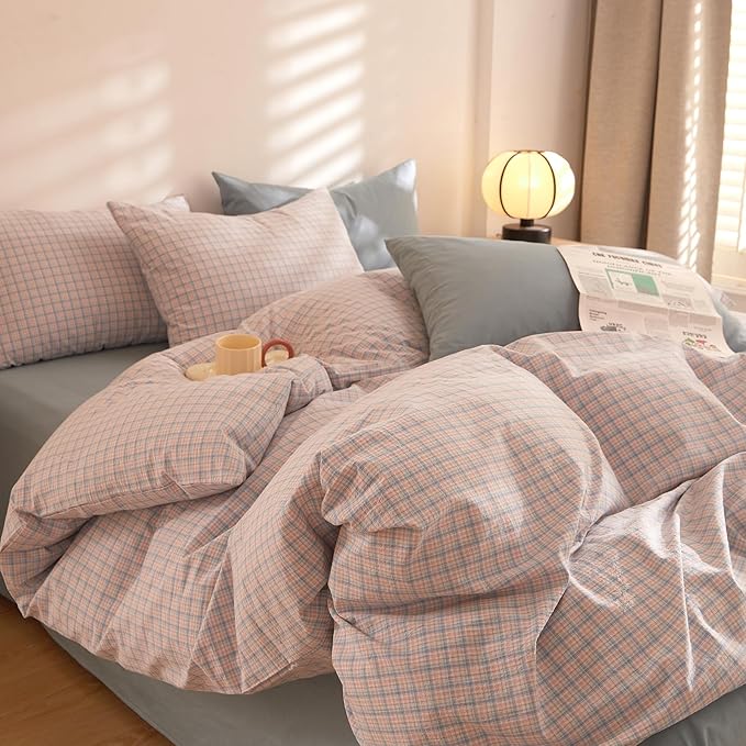 Plaid Queen Size Bed Comforter Boho Down Alternative Bedding Set Puffy Washed Cotton Fluffy Cozy Bedding Comforter Sets Cottage Core Soft Farmhouse Aesthetic Bed Comforter with 2 Pillowcases