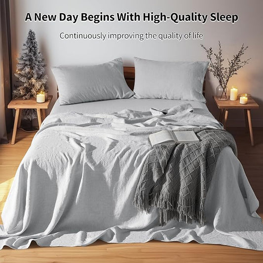 LBRO2M 100% Pure Linen Sheet Set Deep Pocket Up to 16" Bed Sheets Sets, Natural Flax Beddings Soft, Breathable, Comfortable for All Seasons 4 Pcs Sheet Set Full Size, Grey