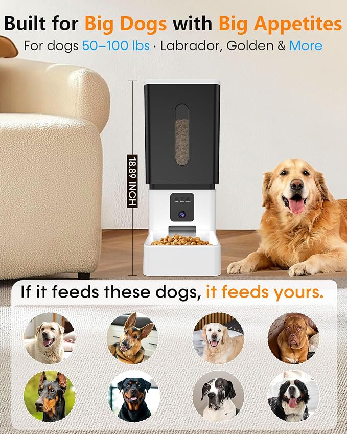 Automatic Dog Feeder, Dog Food Dispenser Automatic, 12L for Large Breed | 20 Days Food Capacity, Anti-Clog 0.78inch Large Kibble, 1080P HD Camera, APP Control for Office Workers
