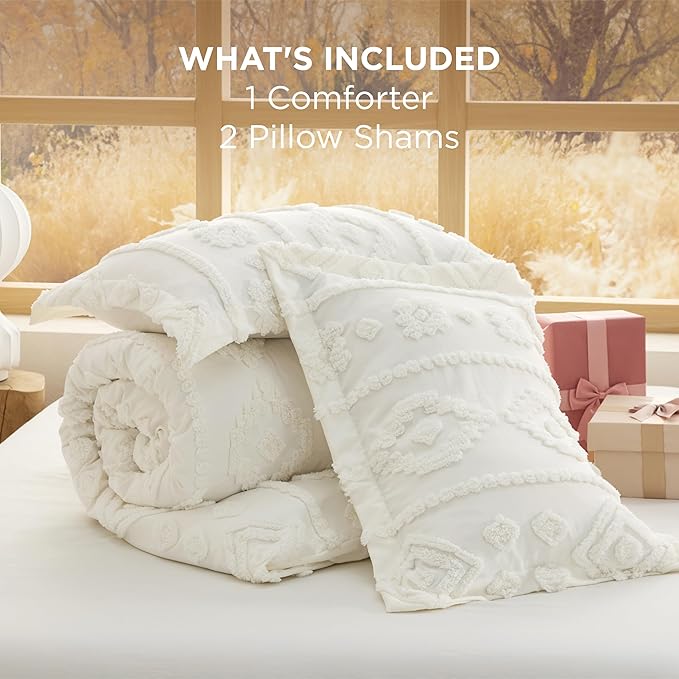Bedsure Boho Tufted White Comforter Set Queen Size, GentleSoft™ 3 Pieces Boho Farmhouse Decor Bedding, Exquisite Shabby Chic Bedding for All Seasons, 1 Bed Comforter, 2 Pillow Shams, 90x90 Inches