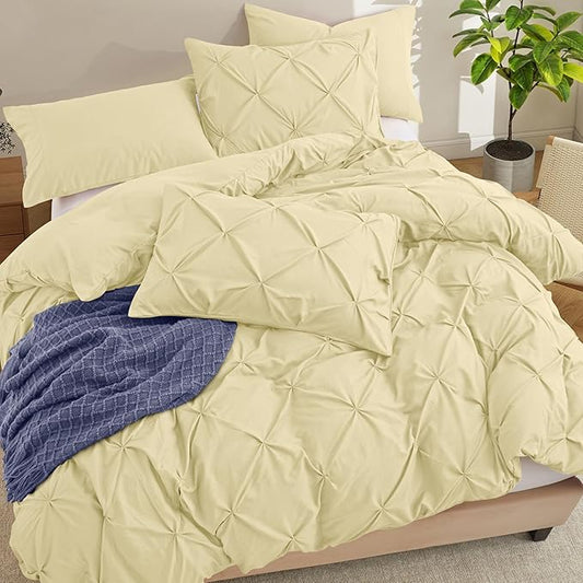 VACVELT 5 Piece Pinch Pleated Duvet Cover King Size Set, Beige Pintuck Duvet Cover with Zipper & 8 Ties, Shabby Chic Microfiber + 2 Pillow Shams + 2 Pillowcases, No Comforter