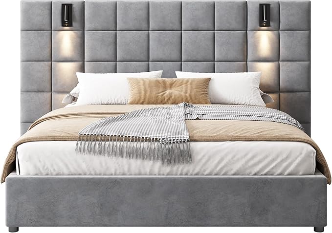 Merax Upholstered Queen Bed, with Reading Lamp and USB Port, Wide Velvet Headboard, (Without Bedside Tables and Mattress), Grey