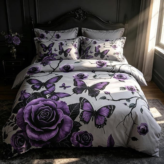 Grey Vintage Comforter Set Full Size, Purple Floral Bedding Set for Gothic Bedroom Decor, 23 Pieces Soft Microfiber Lightweight Comforter Set with 2 Pillowcases, 79"x90"