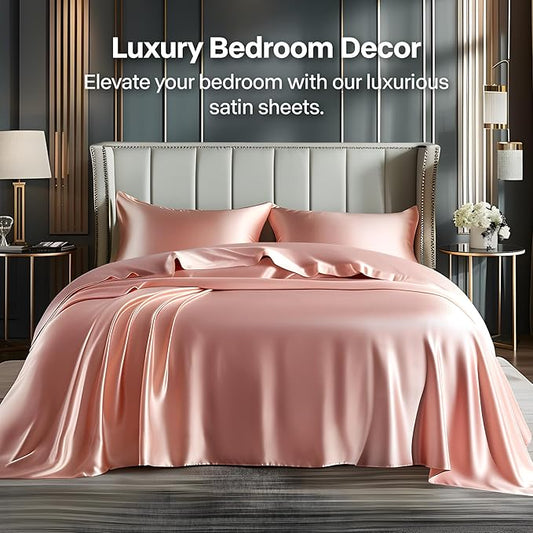 BEDELITE Satin Sheets Full Size Bed Set, Luxury Soft Rose Pink Silky Sheets for Hair and Skin, Similar to Silk Bed Sheets Set 4 Pieces with 1 Deep Pocket Fitted Sheet, 1 Flat Sheet, and 2 Pillowcases