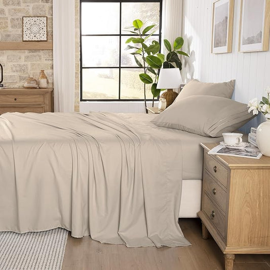 ROSE&RISY Khaki Sheets Queen Sheet Set, Pre-Washed Cotton-Like Brushed Microfiber, 4 Pcs Super Soft Breathable Cooling Bed Sets,Includes 1 Fitted, 1 Flat, 2 Pillowcases (Khaki, Queen)