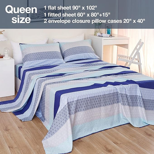 JSD Blue Striped Sheet Set Queen Size, 4 Piece Soft Printed Microfiber Sheet Set Extra Deep Pocket