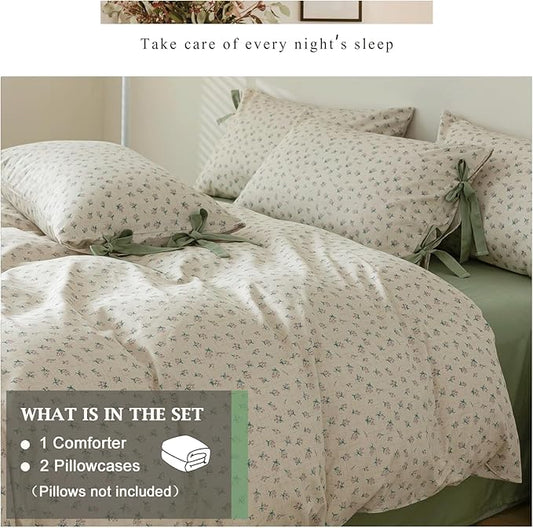 VM VOUGEMARKET Full Comforter Set-Green Comforter,Cute Floral Bedding Comforter Sets,3 Pieces,1 Soft Botanical Flowers Comforter with 2 Pillowcases-79 x90