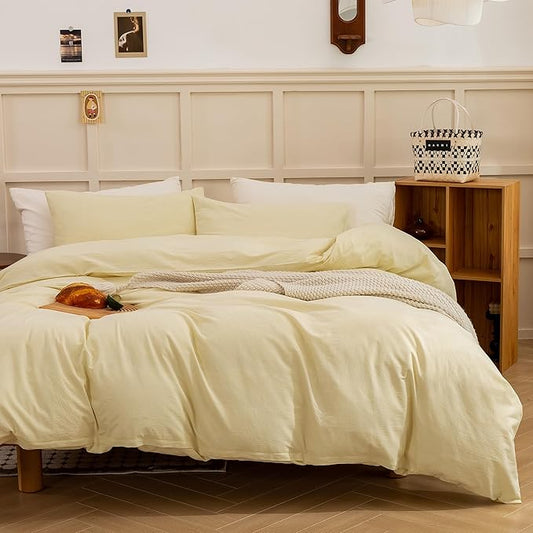 ECOCOTT Duvet Cover King Size, 100% Washed Cotton Linen-Like Soft & Breathable, Durable Comfy Bedding Set for All Seasons Light Yellow