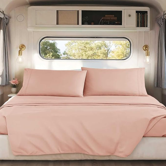 Clara Clark RV Short Queen Sheets - Hotel Luxury 6 Piece Bed Sheets for Short Queen Size Bed - Soft Bedding Sheets & Pillowcases, Fits Low Mattress up to 10 inch deep. Short Queen, Peach Beige