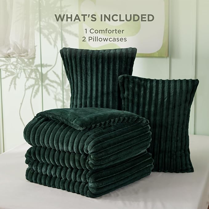 Bedsure King Comforter - GentleSoft™ 3 Pieces Double-Side Fleece Fluffy Emerald Comforter Set, Cozy Striped Room Decor Aesthetic, Luxury King Size Bedding with 2 Pillowcases, 104x90 Inches