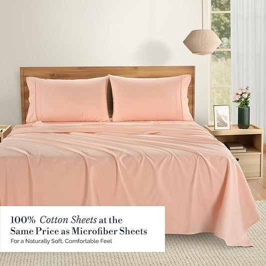 Casa Platino 100% Cotton Twin Size Sheets Set – 4 Piece Crisp Percale Twin Size Cooling Sheets, Lightweight for Summer, with 15" Deep Pocket Fitted Sheet Nightly Comfort & Airy Sleep – Veiled Rose