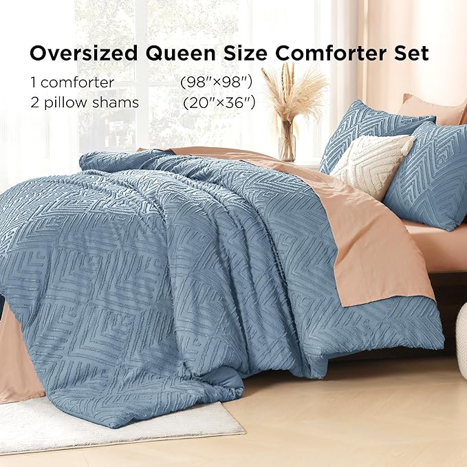 Litanika Grayish Blue Oversized Queen Comforter, 3 Pieces Tufted Boho Farmhouse Bedding Comforter Sets, Lightweight Fluffy Comforter Bed Set for All Season (98x98In Comforter and 2 Pillowcases)