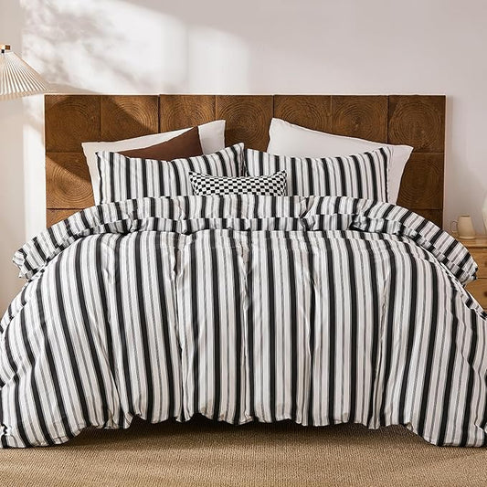Merryword 100% Cotton Duvet Cover Set Queen Size - Black and White Striped Duvet Cover Set, Modern Minimalist Pinstripe Comforter Cover with Pillowcases, Soft Breathable Bedding Set for All Seasons
