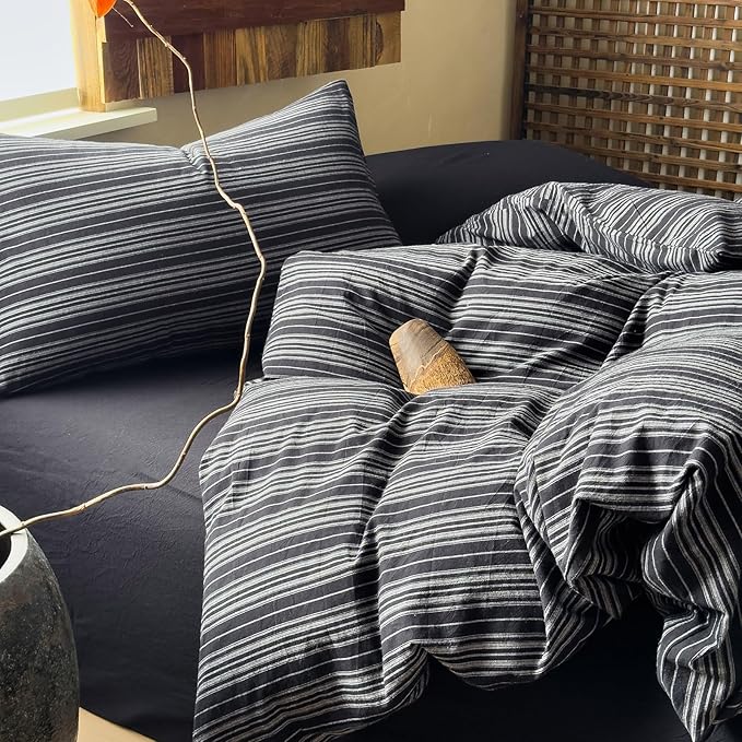 EAVD Retro Black Striped Duvet Cover Twin Soft 100% Washed Cotton Reversible Striped Pattern Bedding Set with 2 Pillowcases Farmhouse Geometric Duvet Cover with Zipper Closure