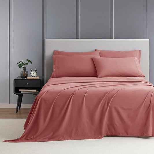 Clara Clark Cal King Sheets - Hotel Luxury 6 Piece Bed Sheets for Cal King Size Bed - Soft Bedding Sheets & Pillowcases, Fits Mattress up to 16 inch deep. California King, Pink Clay