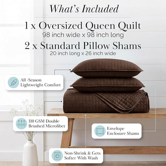 Southshore Fine Living, Inc. Full/Queen Quilt Bedding Set, Comfy Microfiber Coverlet, Queen Size Bedspread, Stain and Pet Hair Resistant Bedding, Full Size Quilt Set w/2 Shams, Chocolate Brown