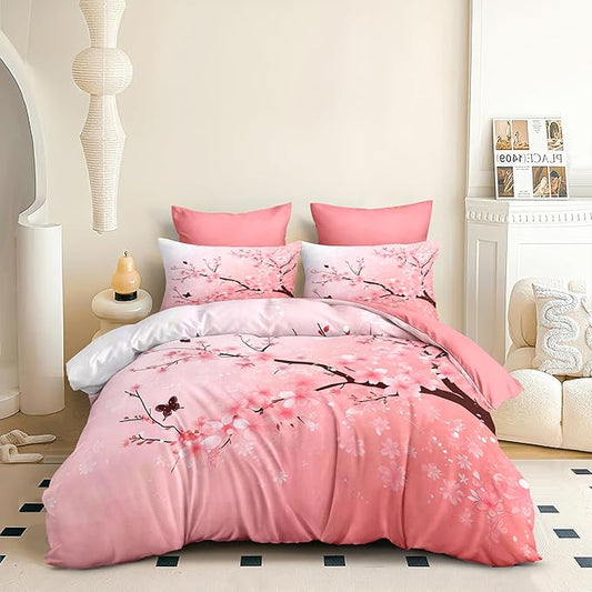 Cherry Blossom King Comforter Set Pink Floral Bedding Set for Women Girls Japanese Flower Decor Quilt Set - 3Pcs Soft Fluffy Microfiber with 2 Pillowcases(104 * 90)