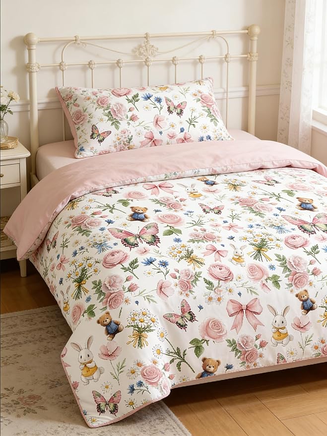 5Pcs Pink Bow Comforter Set Full Size, Pink Floral Bed in a Bag for Girls, Priness Butterfly Bedding Set for Girly Bedroom Decor, 1 Comforter & 2 Pillowcases, 79"x90"