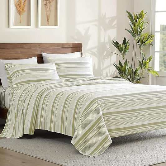 ClevaHome Classic Stripe Sheet Set - 4 Pieces Super Soft & Breathable Bed Sheet Set with Deep Pocket, Enhanced Comfort & Easy Care (Queen, Sage Stripe)