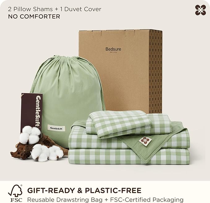 Bedsure Gingham Duvet Cover King Size, 100% Washed Cotton PureWoven Duvet Cover Linen Like Textured, Classic Yarn-Dyed Checkered Pattern Enhances Bedroom Comfort & Style, Gingham Sage Green, 104"x90"