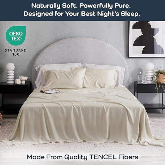 Olive + Crate Tencel Lyocell Eucalyptus Twin XL Sheets - Extra Long Sheet Set - Cooling Tencel Sheets for Hot Sleepers with 16 Inch Deep Pocket Fit - Beige 3-Piece Set