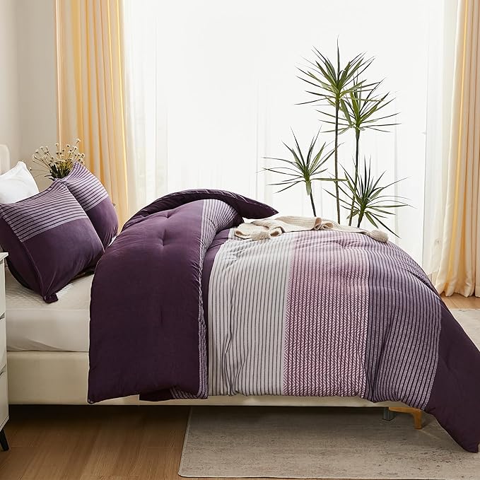 Litanika California King Comforter Set Purple - 3 Pieces Cal King Oversized Lightweight Purple White Colorblock Stripe Bedding Set (104x96In, 2 Pillowcases)