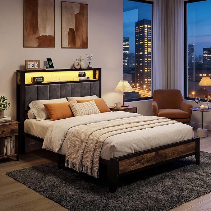 OLEVS Full Size Bed Frame with Headboard, LED Light & Charging Station | Metal Platform Bed Upholstered Headboard 2-Tier Shelf & Footboard, Smart LED Lightning Type C USB Ports, No Need Box Spring