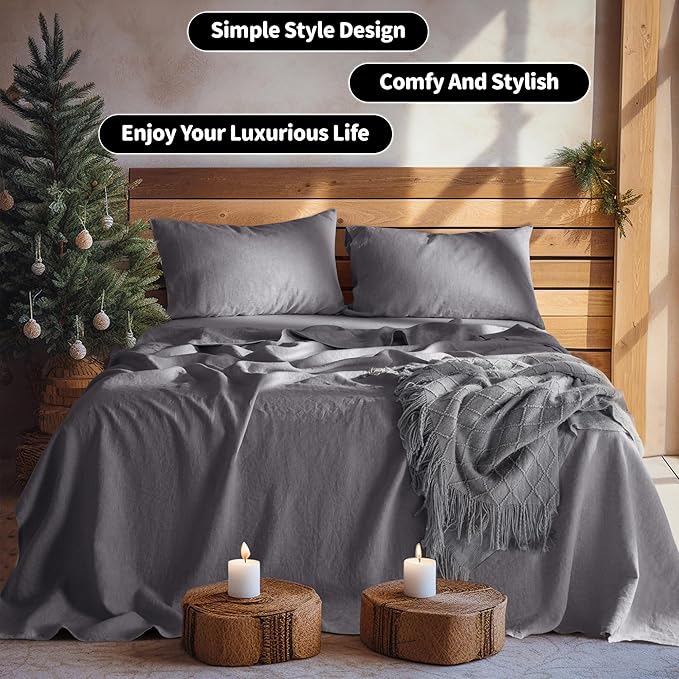 LBRO2M 100% Pure Linen Sheet Set Deep Pocket Up to 16" Bed Sheets Sets, Natural Flax Beddings Soft, Breathable, Comfortable for All Seasons Twin Size, Dark Grey