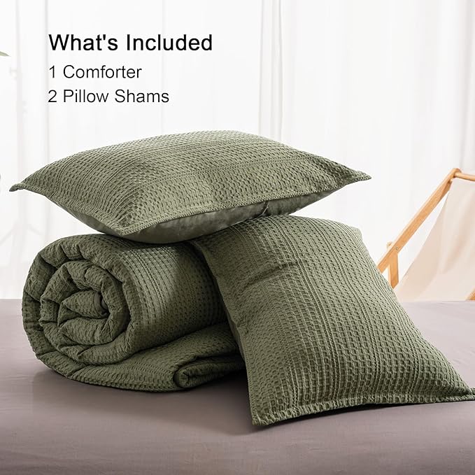 PHF Soft Waffle Comforter Set Queen Size- Comfy Breathable Waffle Weave Comforter with 2 Pillow Shams, 3 Pieces Less Snagging Lightweight Textured Bedding Set for All Season, Olive Green
