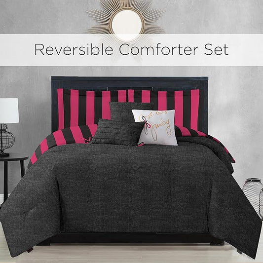 Juicy Couture Cabana Stripe Reversible Bedding Set - King Size - Black and Hot Pink Stripe Print – 6 Piece Set – Includes 1 104" x 90" Comforter, 3 Decorative Pillows, 2 Shams