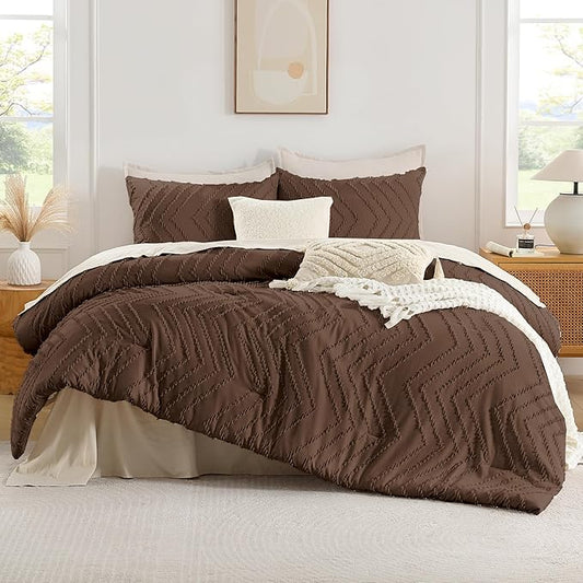 Andency Brown Comforter Set Queen Size, Boho Soft Warm Tufted Bedding Comforter Sets for Queen Size Bed, 3 Pieces Aesthetic Chevron Farmhouse Cute Bohemian Textured Bed Set