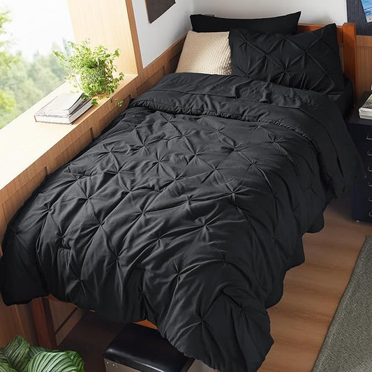 Bedsure Twin XL Comforter Set - Extra Long 5 Pieces Dorm Bedding Sets, GentleSoftโข Pinch Pleat Black Bed in a Bag with Pintuck Comforters, Sheets, Pillowcase & Sham