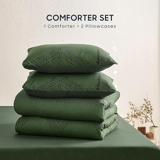 Wake In Cloud - Boho Comforter Set, Farmhouse Bohemian Western Aztec Neutral Aesthetic, Soft Lightweight Bedding, 3 Pieces, Dark Olive Green, Queen Size
