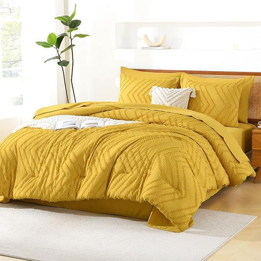 Litanika King Size Comforter Set with Sheets Mustard Yellow - 7 Pieces Bed in a Bag King Chevron Tufted Complete Bedding Sets with Comforter, Sheets, Pillowcases & Shams