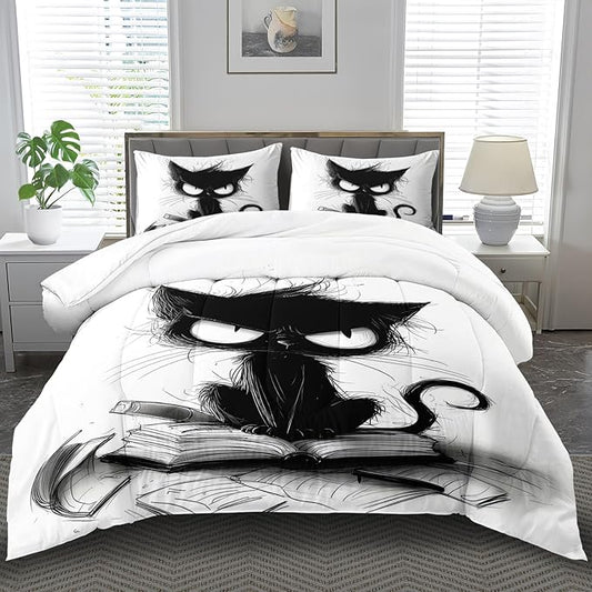 Cute Black Cat Comforter Set Full Size Cute Pet Bedding Set Boys Girls White and Black Comforter Cartoon Cat Quilt Animal Bedroom Decor Kawaii Animal Print Bedding Boys Kids