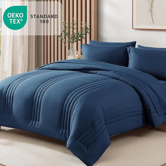 Monbix Full Size Comforter Set - 7 Pieces Serenity Blue Bed in a Bag, Full Size Bedding Sets with Comforters, All Seasons Comforter with Sheets,Pillowcases & Shams