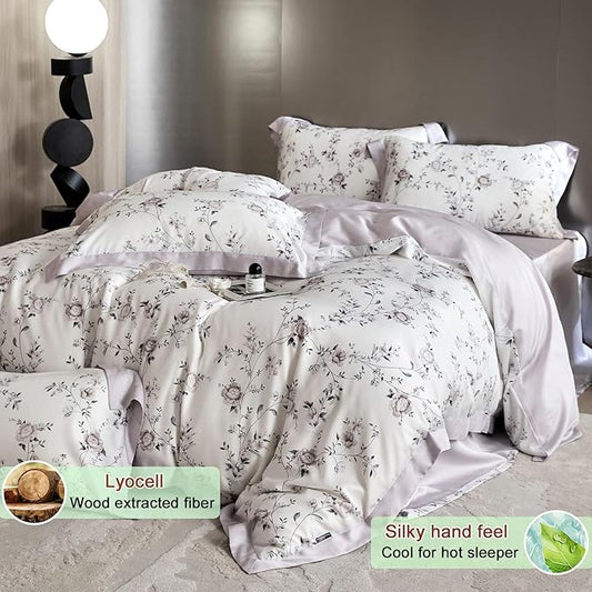 VM VOUGEMARKET Lyocell Duvet Cover King with 2 Pillow Shams,Vintage Garden Flower Bedding Set,Silky Soft, Cool-to-The-Touch Comforter Cover for Hot Sleeper-King,Purplish Grey