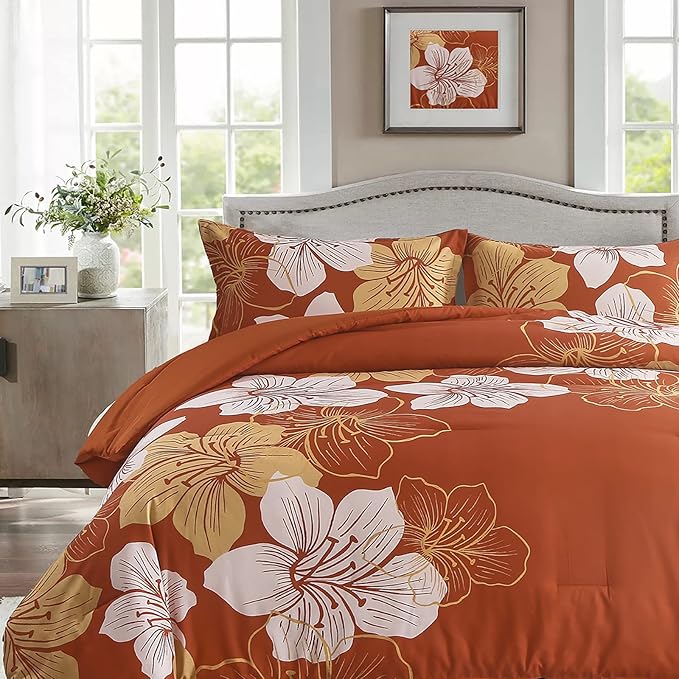 Menghomeus Burnt Orange Comforter Set Full Size Floral Comforter Terracotta Botanical Bedding Sets Soft Microfiber Thanksgiving Bed Comforter Set for All Season (1 Comforter 2 Pillowcases)