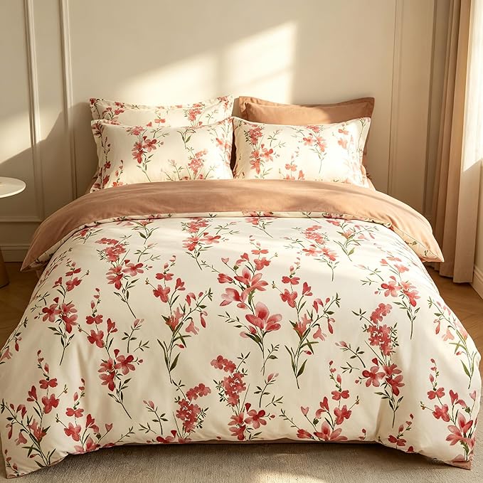 Vintage Floral Comforter Set Queen Size, Cottagecore Soft Microfiber Bedding Set with Retro Flowers Pattern, 3Pieces All Season Lightweight Summer Comforter Set for Girls