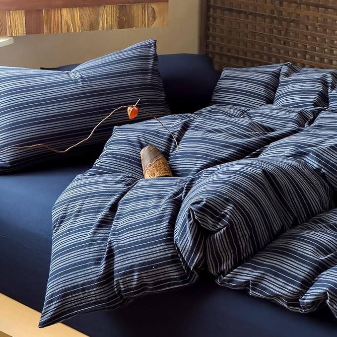 EAVD Retro Striped Duvet Cover Twin Navy Blue Soft 100% Washed Cotton Reversible Stripes Pattern Bedding Set with 2 Pillowcases Farmhouse Geometric Pattern Duvet Cover with Zipper Closure