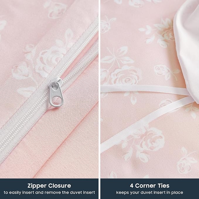 Wake In Cloud - Coquette Duvet Cover Set, Floral Cottagecore Flower Shabby Chic Cute Aesthetic, Soft Lightweight Bedding for Women Teen Girls, 3-Piece, Light Pink, Full Size