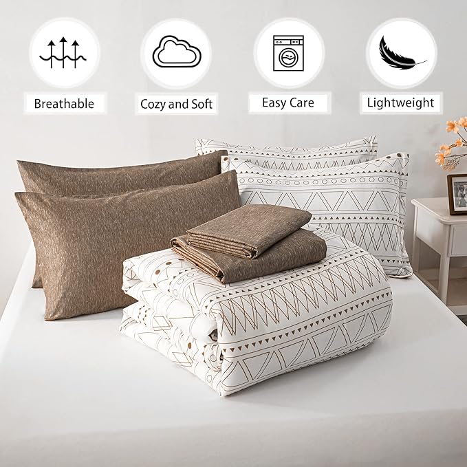 WONGS BEDDING 7 Pieces Brown Comforter Set King Size,Boho Bed in a Bag Geometric Stripe Comforter Reversible Soft Microfiber Bedding Set with Pillowcases & Shams,Flat Sheet,Fitted Sheet