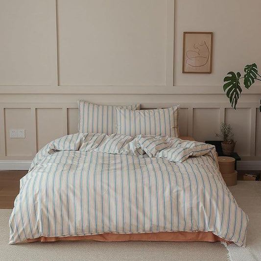 LifeTB Full Comforter Set Blue Brown Striped Comforter Set, 3 Pieces Retro Stripes Pattern Printed Comforter with 2 Pillowcases, Lightweight Fluffy Soft Breathable Striped Bedding Set for All Seasons